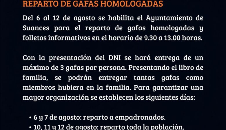 El Ayuntamiento de Suances repartirá a partir de mañana 4.000 gafas homologadas para el eclipse solar del 12 de agosto de 2026